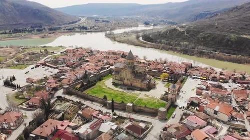 Aerial Approaching Mtskheta Cathedral