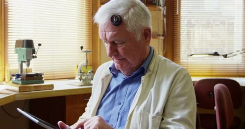 Senior Watchmaker Using Tablet in Sunny Workshop