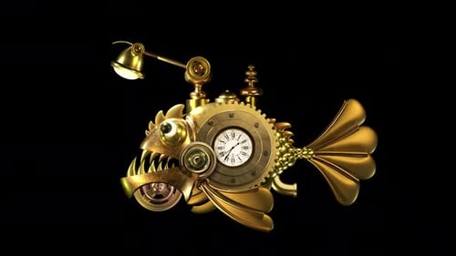 Golden Steampunk Anglerfish with Clockwork Gears Animation