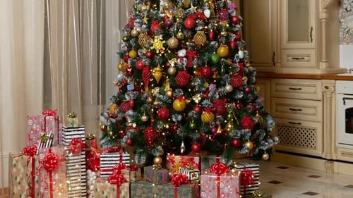 Festive Christmas Tree with Gifts at Home