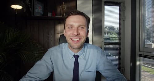 Confident Businessman Business Coach Speak Look at Camera in Office