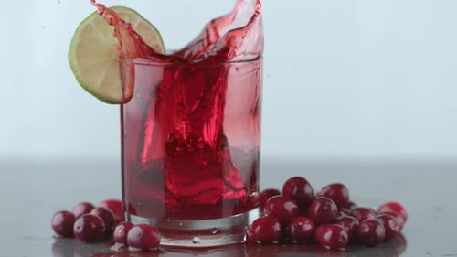 Juice Splashes When Ice is Dropped Into Glass