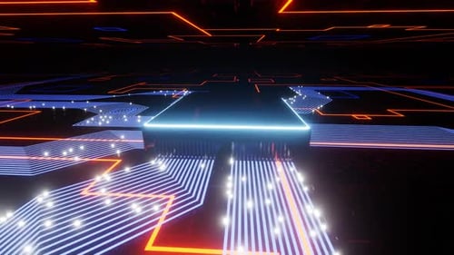 Futuristic Circuit Board Animation with Neon Data Flow
