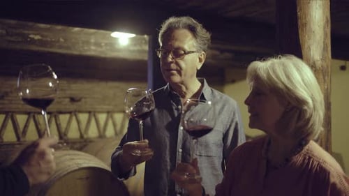 Adults Sample Red Wine in a Cellar