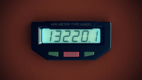 Digital electricity meter showing household consumption in kilowatt hours.