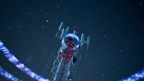 Cell phone tower emits 5G signals. The antenna transmits electromagnetic waves.