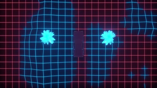 Futuristic Neon Grid with Abstract Cuboid and Star Shapes