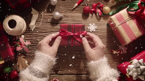 Close-up Asian female hand tying a bow ribbon on a box