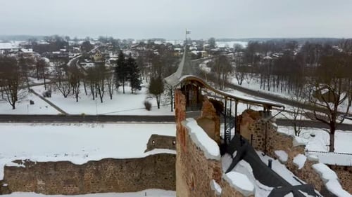 Ruins of Ancient Livonian Order's Stone Medieval Castle Latvia Aerial Drone Top Shot