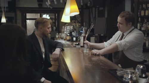 An Experienced Waiter Standing Behind the Bar of an Expensive Restaurant or Pub Offers a Good Sort