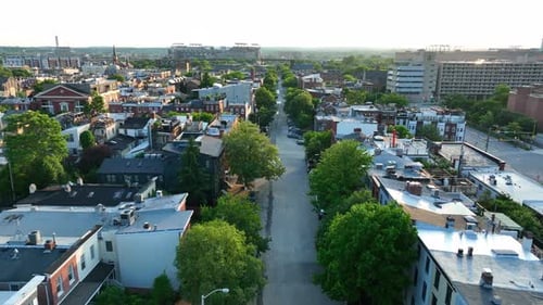 Residential housing in American city. Downtown urban America. USA at golden hour.