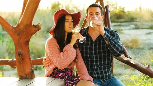 Beau couple caucasien dans des fusées éclairantes au soleil qui tintent des verres avec du vin