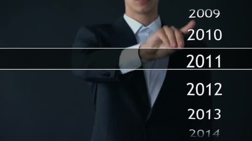 Businessman Selects 2016 Year in Virtual Menu, Search for Data, Business History
