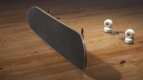 Skateboard assembly process. Elements of the board combining in order. Render 4k