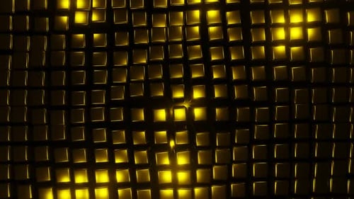 Animierte wellenbewegende Struktur aus Goldenen Würfeln mit Blendung und Ausstrahlung