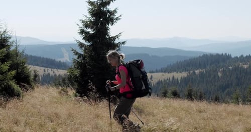 Woman Hiking in Mountain Landscape with Backpack
