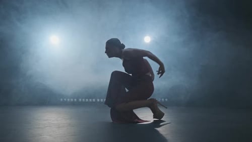 Silhouette der Tänzerin auf der Smoky Stage. Anmutige tanzende Frau. Elegante Frau
