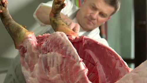 Worker Cutting a Raw Pork at Meat Factory