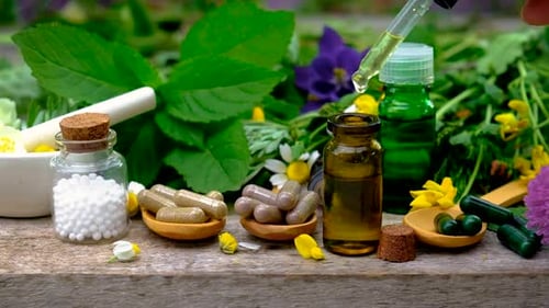 Natural Medicine Still Life with Herbs and Supplements