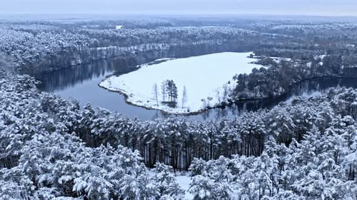 Snowy forest and winter river. Aerial view of wildlife, Poland