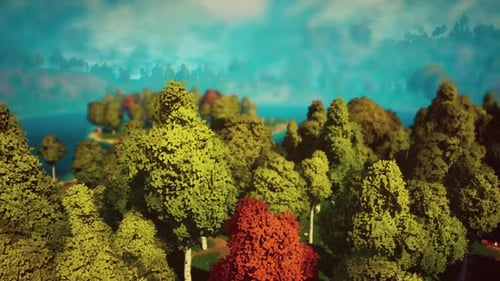 Cartoon Green Forest Landscape with Trees and Lake