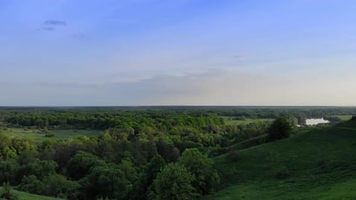 Aerial View of Green Summer Forest and Canyon at Sunset