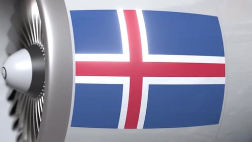 Iceland Flag on Rotating Airplane Engine Animation