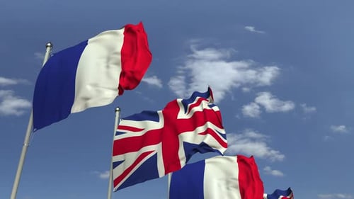 Realistic Waving United Kingdom and France Flags Loop