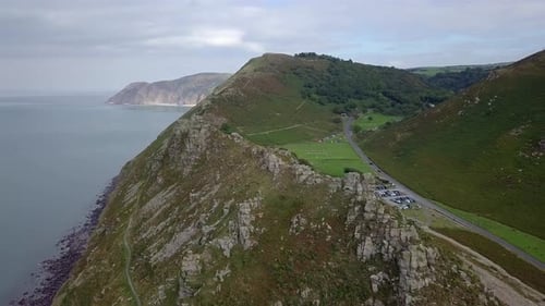 Amazing aerial tracking from left to right above the Valley of Rocks, near Lynton, Devon. revealing