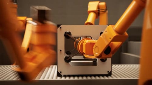 Los brazos robóticos futuristas que trabajan en el montaje de las impresoras 3D.