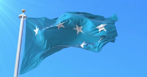 Realistic Blue Flag With White Stars Waving On Flagpole