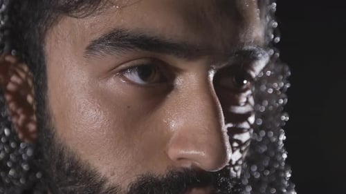 Man Wearing Chainmail Hood Close Up