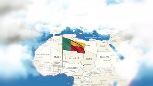 Benin Flag Waving Animation over African Map with Clouds