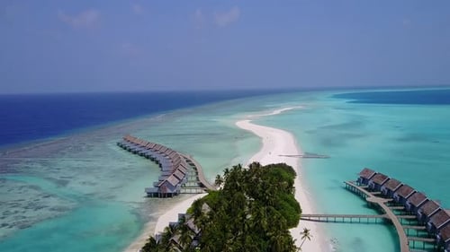 Aerial drone travel of tropical bay beach break by water with sand background