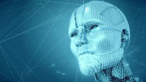 Android-Roboter-Gesicht mit Binärcodes 4k
