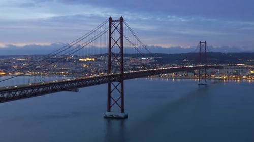 Bridge of 25Th April with Car Traffic After Sunset