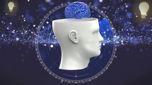 Animated Digital Brain and Human Head with Idea Light Bulbs
