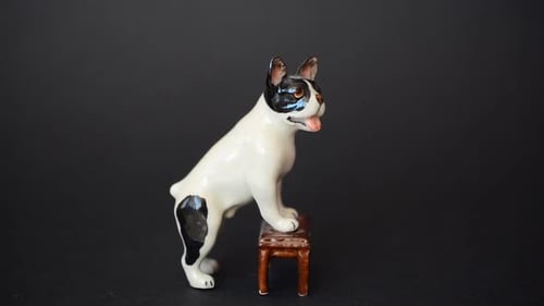 Ceramic Boston Terrier Figurine on Wooden Stool