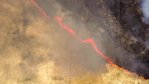 Luftaufnahme eines Feldes mit trockenem Gras, das mit orangefarbenen Flammen und hoher Rauchsäule in Brand gesteckt wurde.