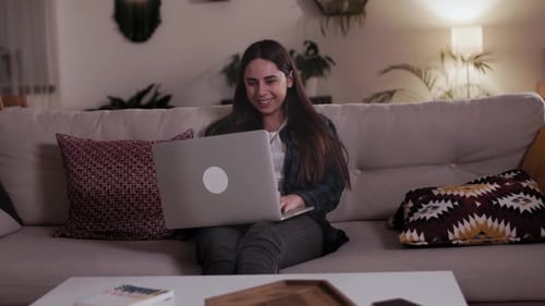 Happy Woman Communicating By Conference Call Speak Looking at Computer at Home Office, Video Chat