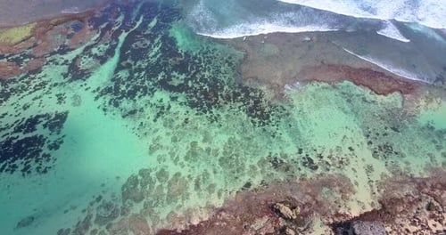 Aerial drone view of a coral reef and waves at the beach.