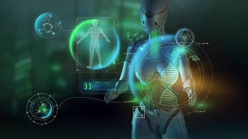 Futuristic Robot Interacting with Holographic UI and Medical Data Analysis