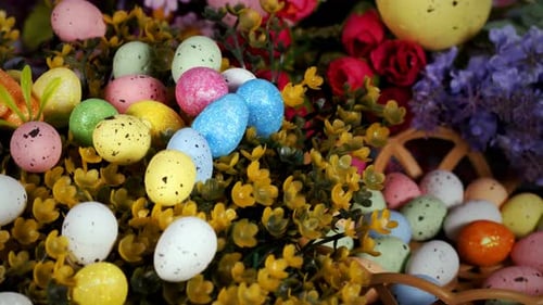 Colorful Easter Eggs and Floral Arrangement