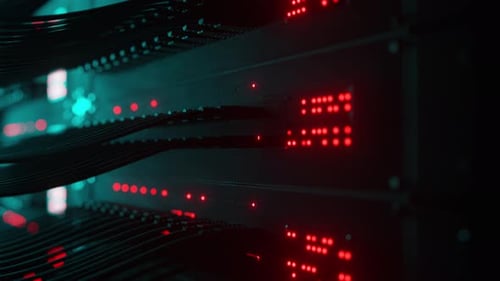 Closeup View of Modern Internet Network Switch with Plugged Ethernet Cables