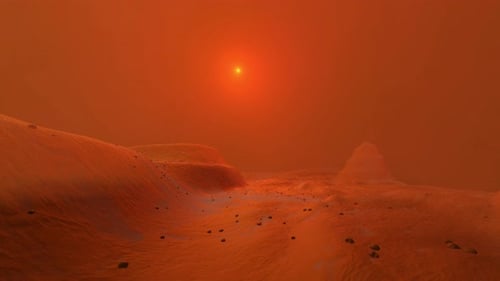 Cinematic Flight Over Red Alien Planet Landscape