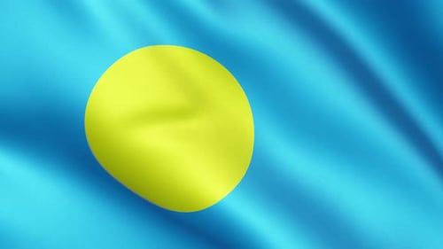 Waving Fabric Flag with Blue Background and Yellow Circle