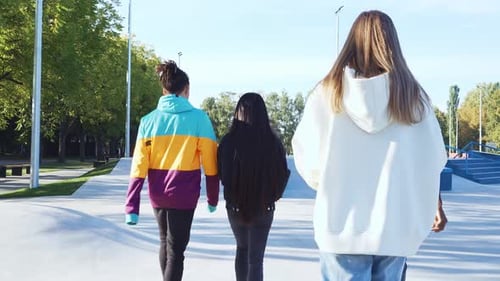 Diverse Young Adults Walking in Skatepark on Sunny Day