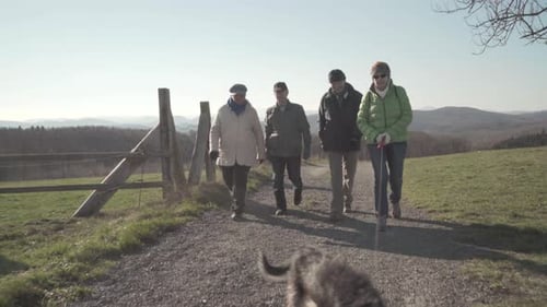 Group Walking with Dog on Rural Path