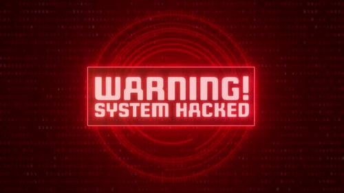 system hacked waring with hud and computer binary red background