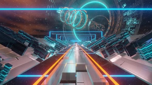 Futuristic technology space tunnel, sci-fi corridor. Cinematic camera move.